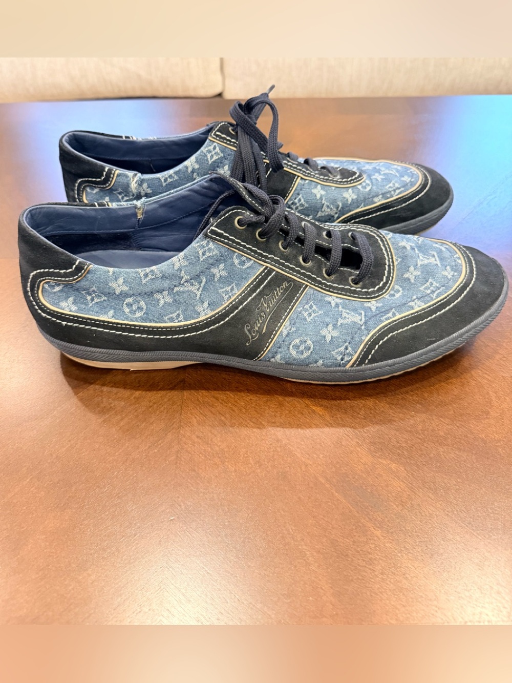 One Of A Kind Louis Vuitton Men’s Denim Monogram Sneakers in Navy - Picture 2 of 7